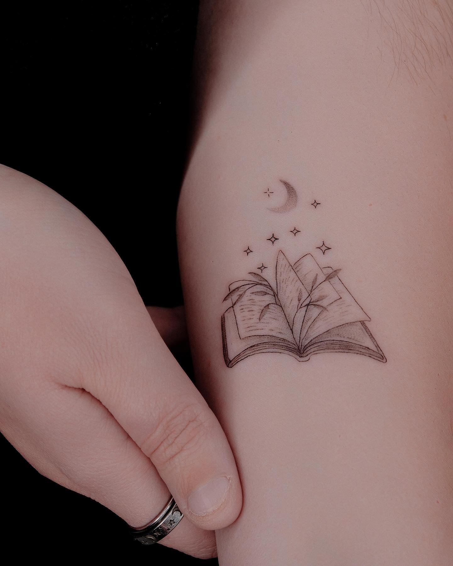 Open Book With Moon And Stars Tattoo