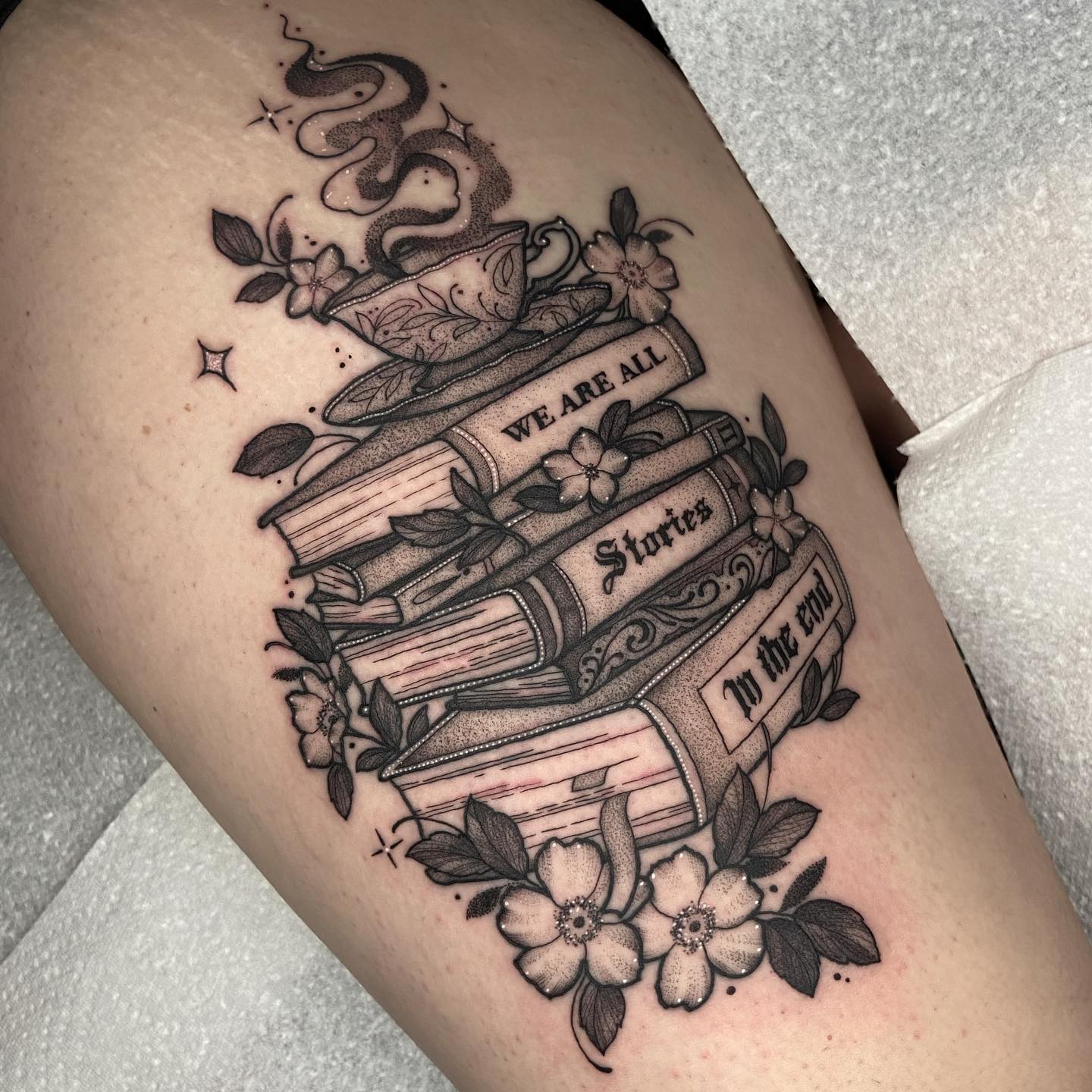 Tea Cup And Classic Book Stack Tattoo