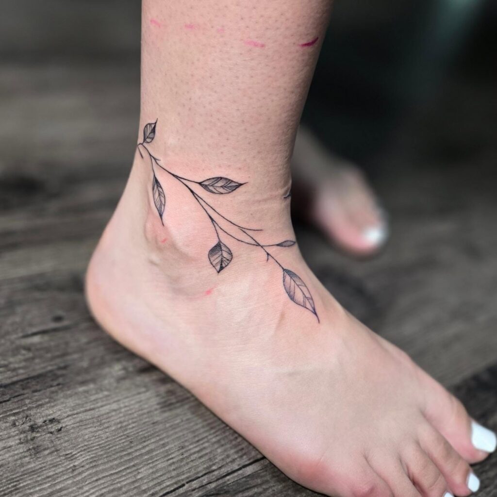 Shaded Floral Ankle Bracelet Tattoo With Butterfly