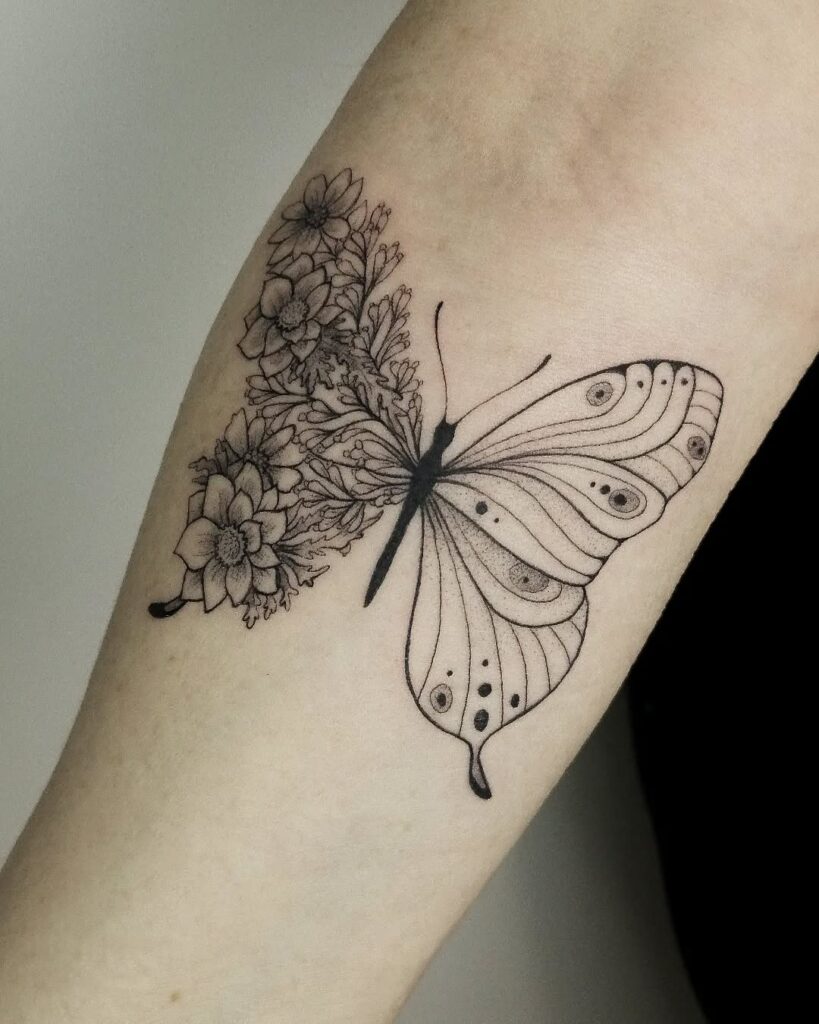 Botanical Winged Beauty Tattoo half butterfly half flower tattoos tattoo
