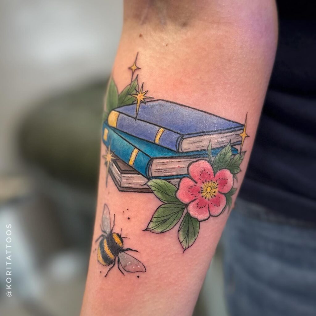 Open Book with Flying Birds and Quote Tattoo book lover tattoos tattoo