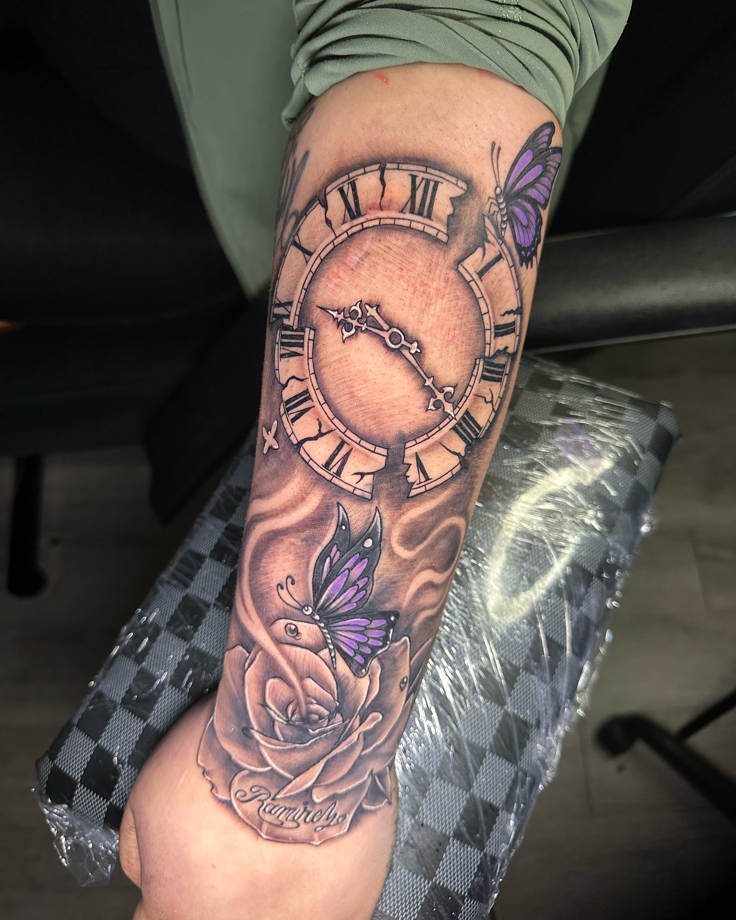 Broken Clock and Purple Butterfly Tattoo clock tattoo ideas tattoo