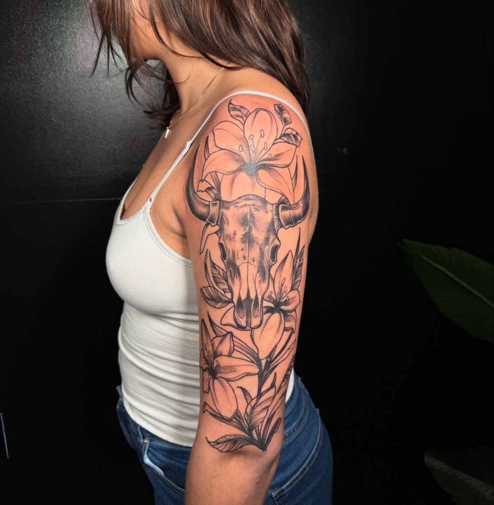 Mandala And Floral Half Sleeve Tattoo With Crescent Moon