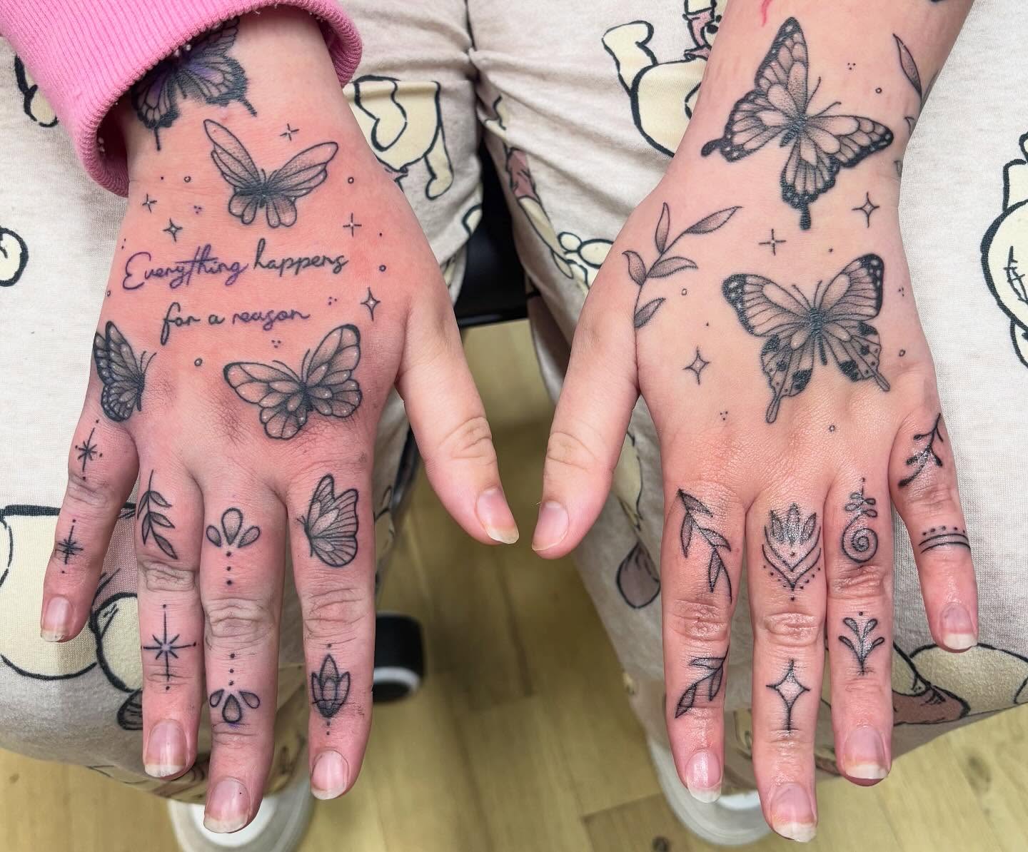 Butterfly And Leaves Hand Tattoo