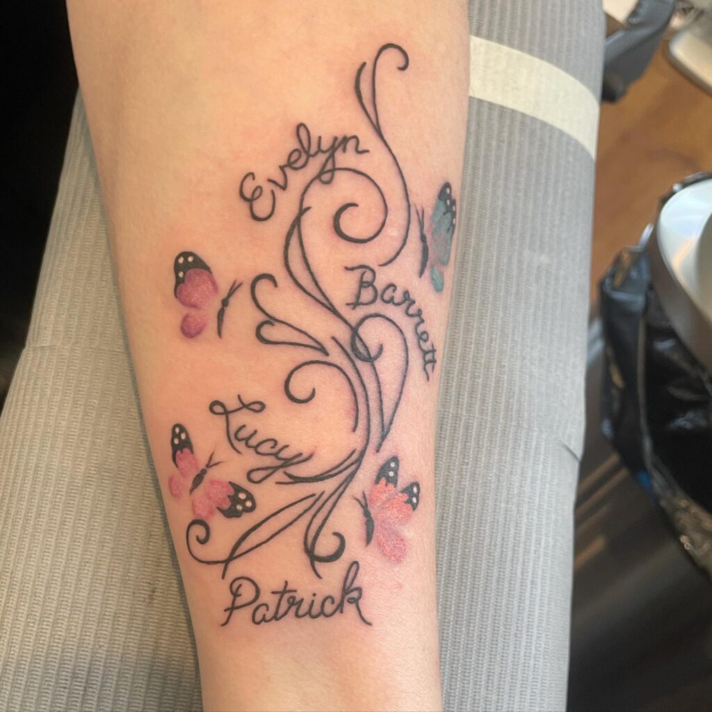 Butterfly & Swirls with Grandchildren’s Names grandchildren tattoos for grandparents tattoo