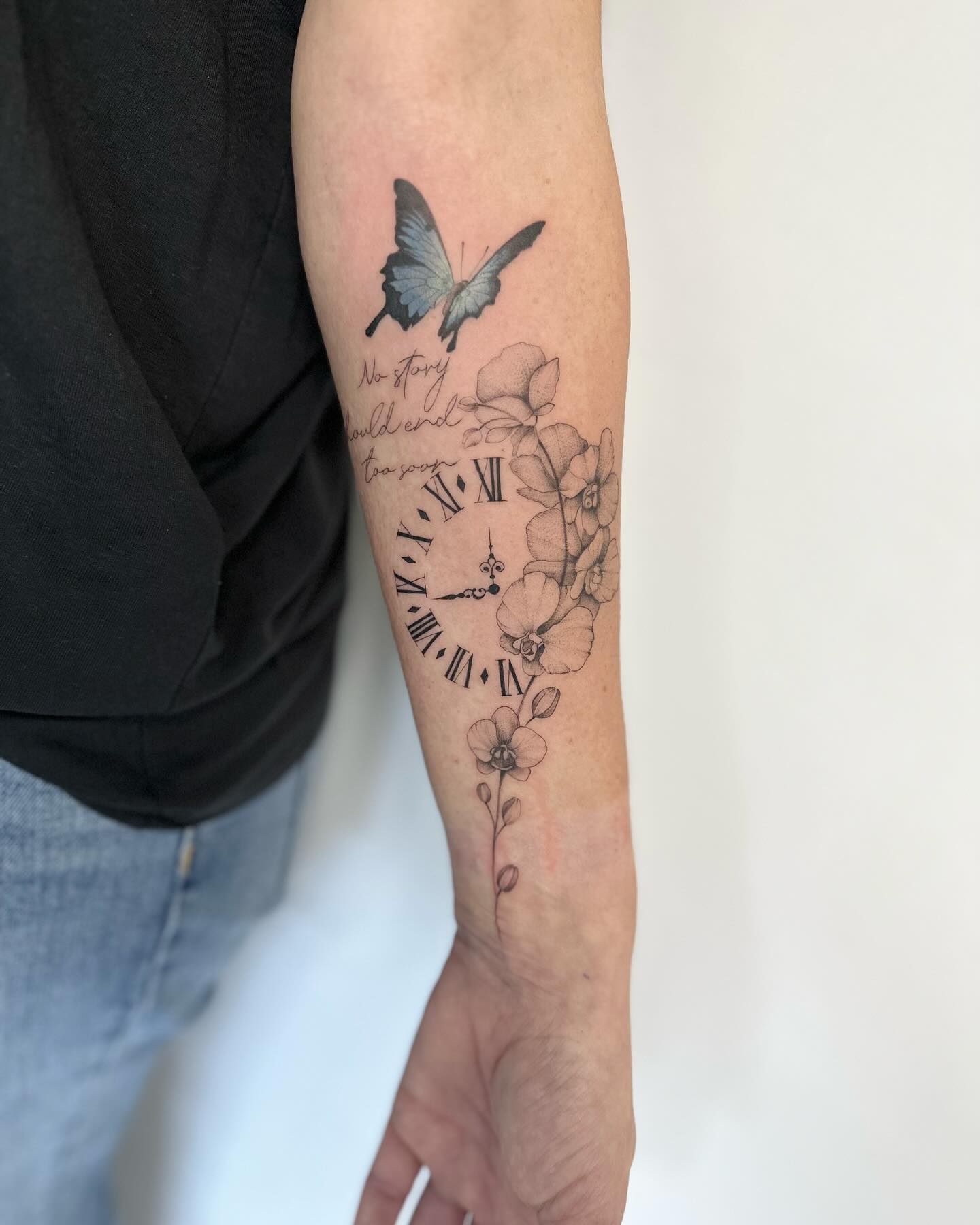 Butterfly and Floral Clock Tattoo clock tattoo ideas tattoo
