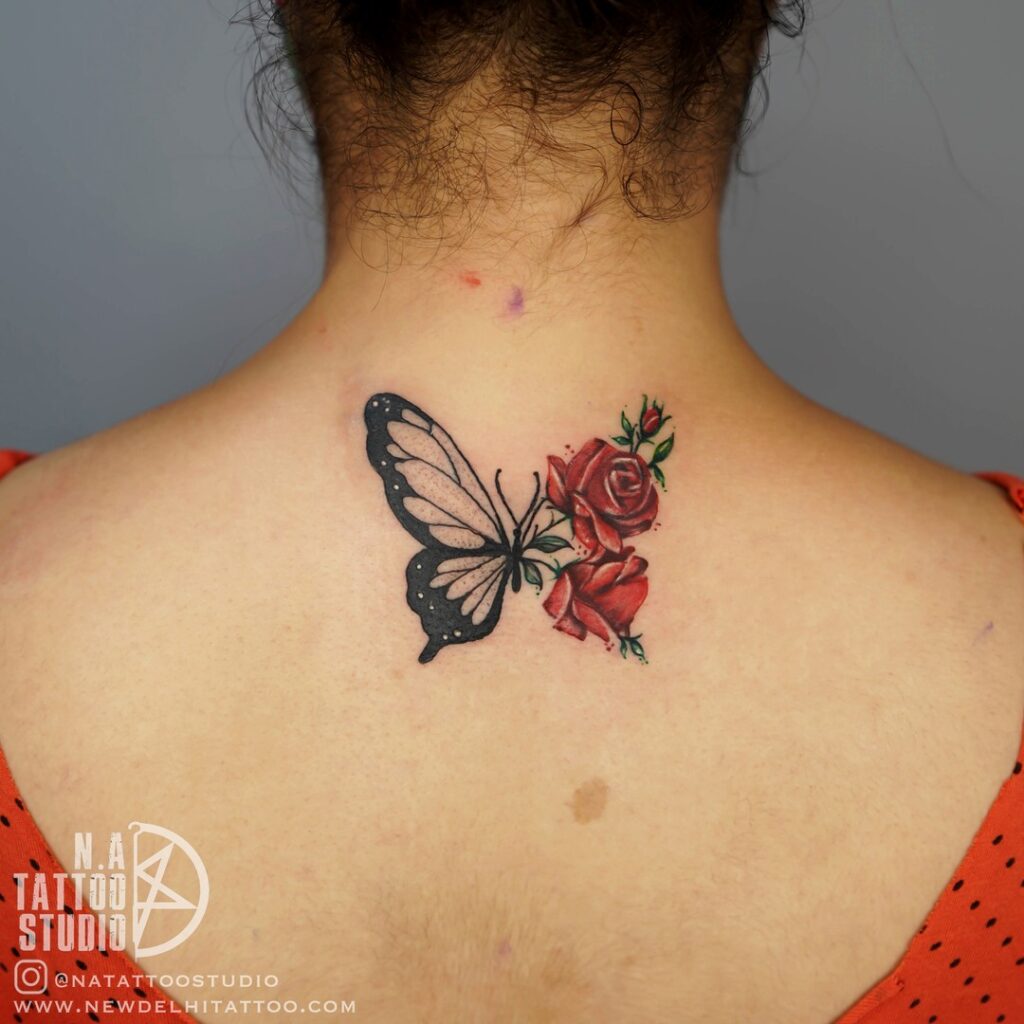Butterfly and Red Roses Tattoo on Back rose tattoos for women tattoo
