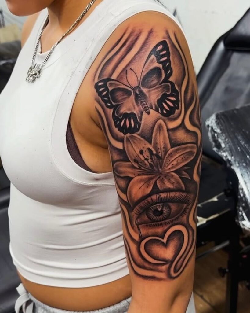 Pocket Watch, Dove, And Rose Half Sleeve Tattoo