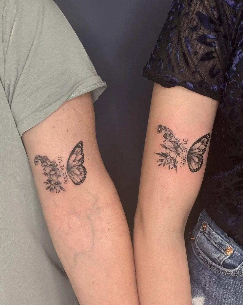 Butterfly Wings with Birth Date Coordinates matching sibling tattoo