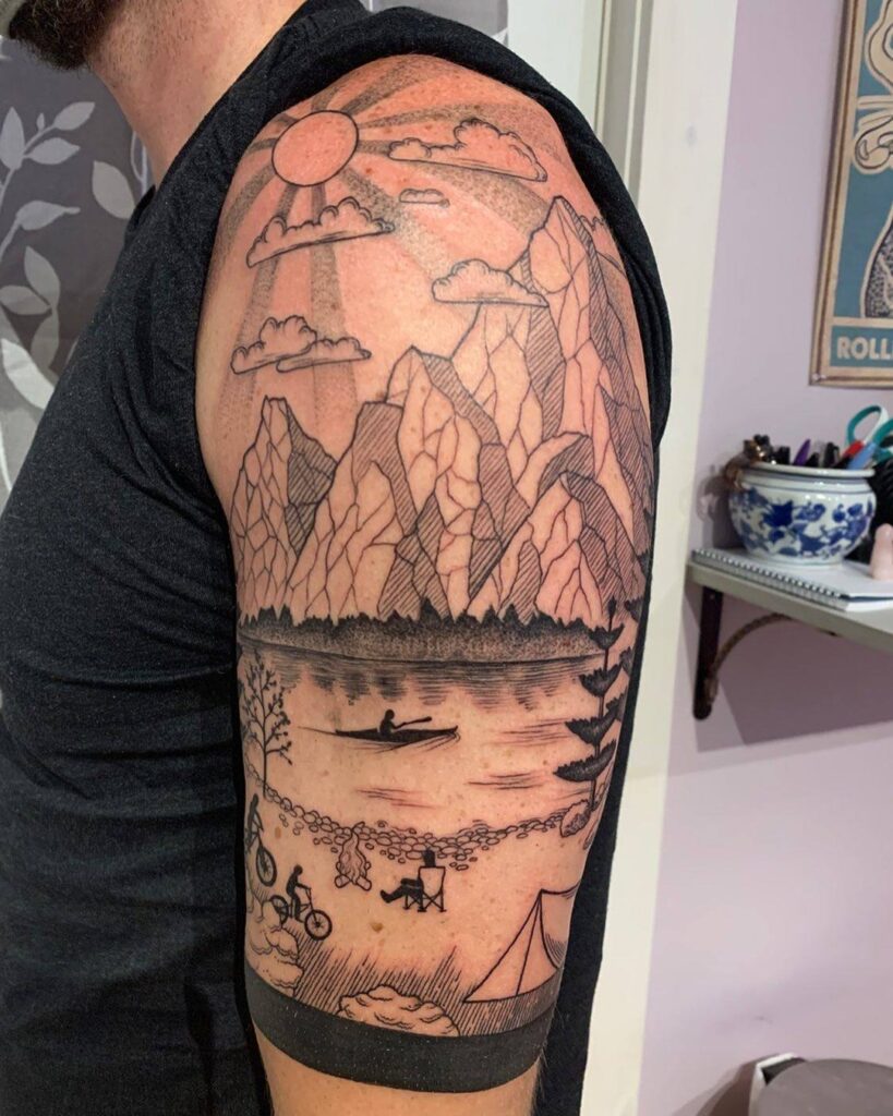 Campfire Embers Floating into Pine Canopies nature scene tattoo