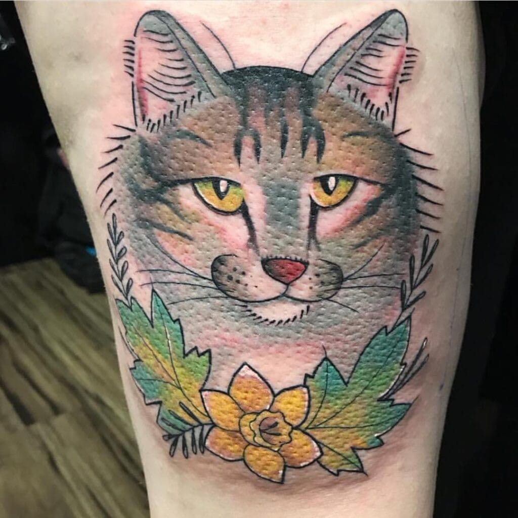 Cat Portrait Surrounded by Colorful Floral Elements pet memorial tattoos tattoo