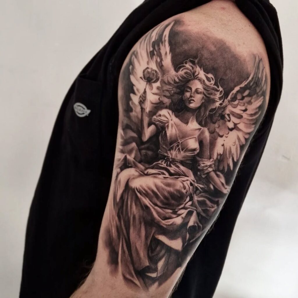Celestial Angel with Rose Tattoo angel tattoo ideas tattoo