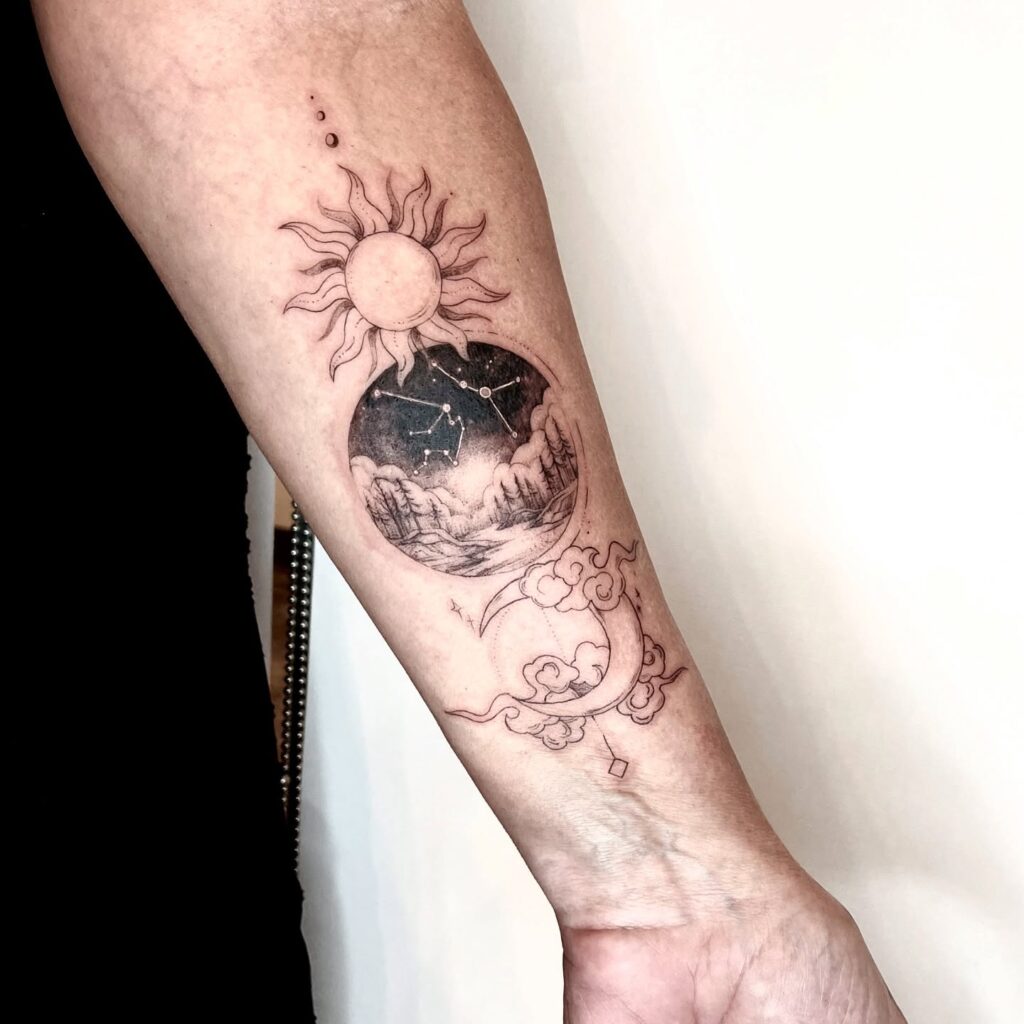 Celestial Balance Forearm Tattoo sun tattoos tattoo