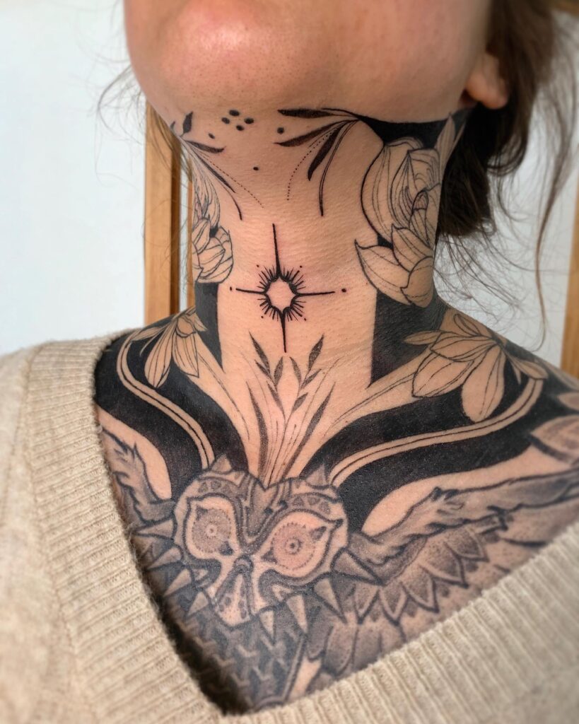 Red Ink Butterfly Neck Tattoo
