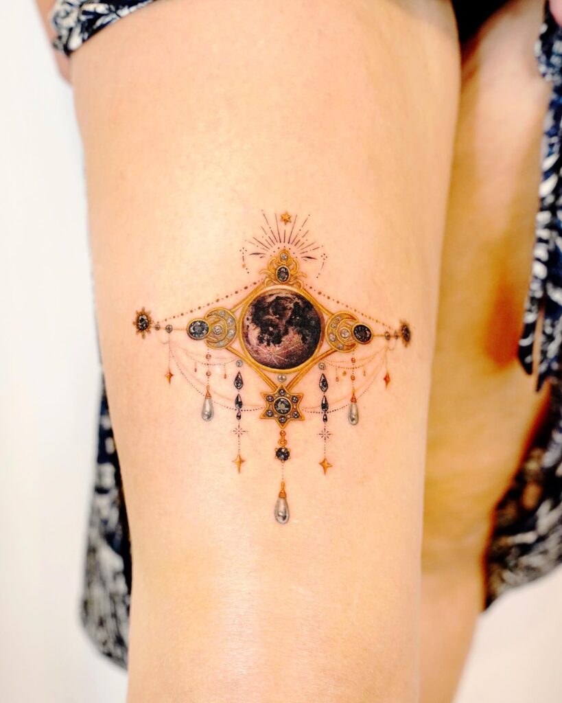 Turquoise Gemstone Sternum Tattoo With Beaded Frame