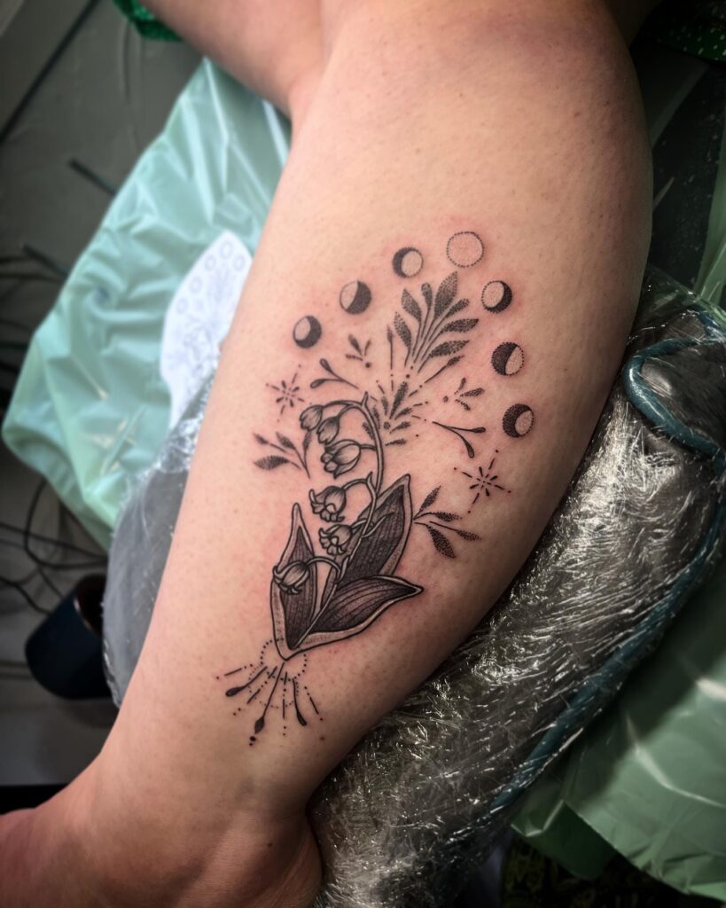 Celestial Lily of the Valley Tattoo with Moon Phases may birth flower tattoos tattoo