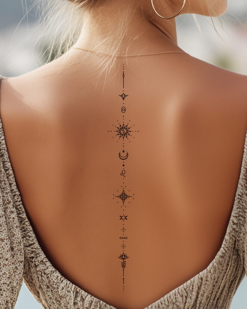 Celestial Spine Tattoo with Symbolic Elements meaningful tiny tattoos tattoo
