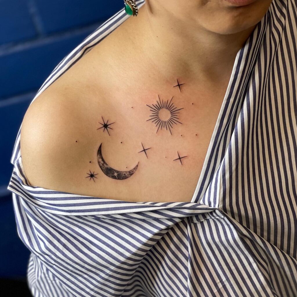 Celestial Sun and Moon Shoulder Tattoo symbolic sun and moon tattoo ideas tattoo