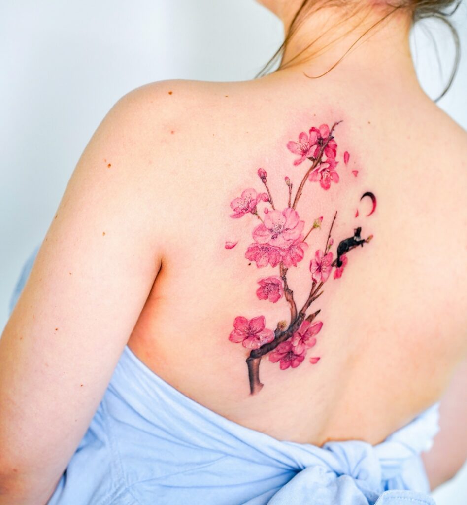 Cherry Blossom and Cat Under Crescent Moon Tattoo cherry blossom tattoo ideas tattoo