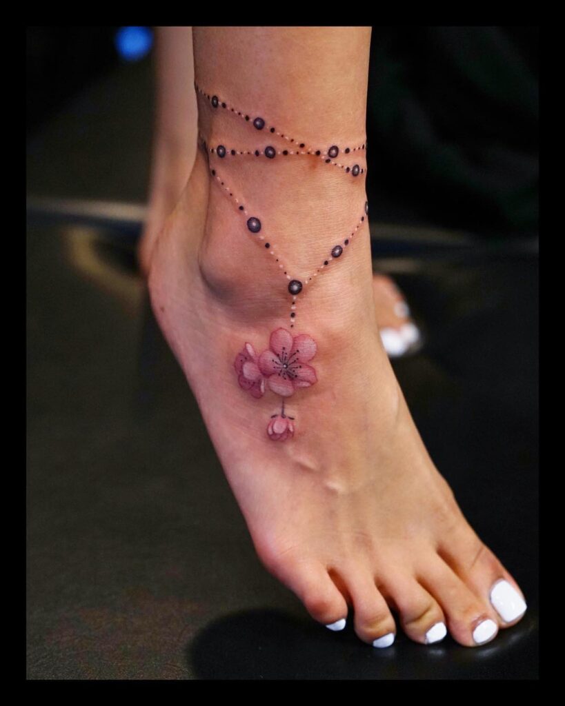 Watercolor Cherry Blossom Ankle Tattoo