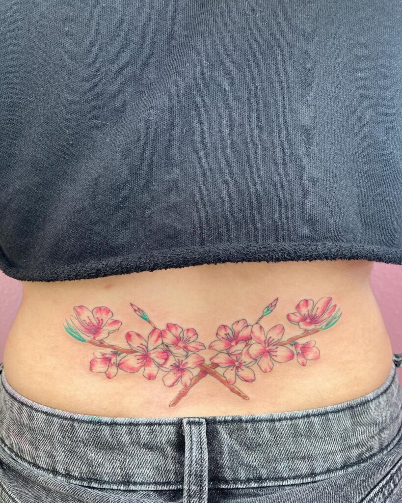 Raspberry Vines And Heart Lower Back Tattoo