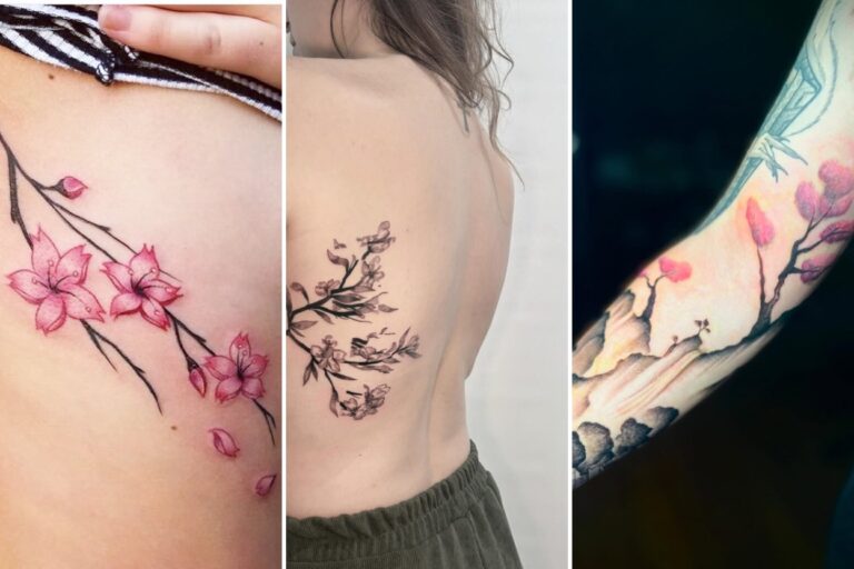 Aesthetic cherry blossom tattoo ideas and delicate ink ideas collage