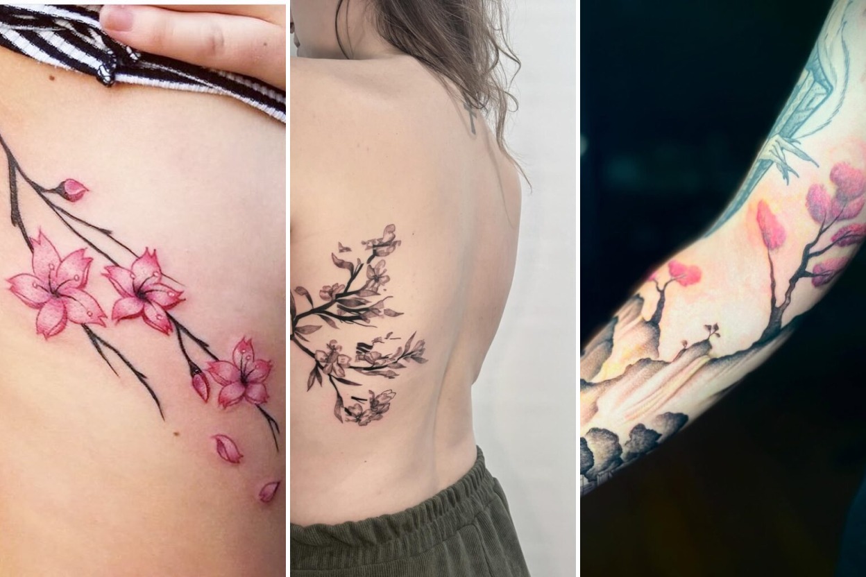 Aesthetic cherry blossom tattoo ideas and delicate ink ideas collage