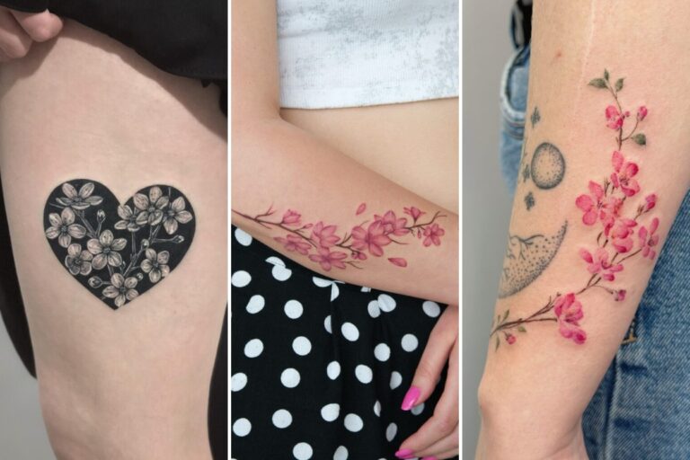 Aesthetic cherry blossom tattoo ideas and delicate ink ideas collage