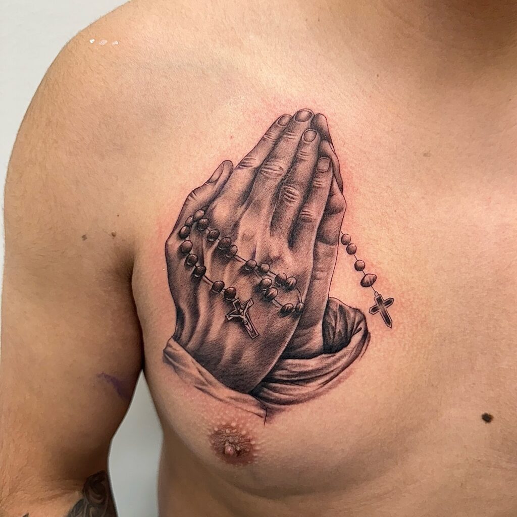 Chest Praying Hands with Rosary Tattoo praying hands tattoos tattoo