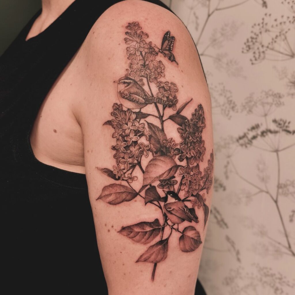 Chickadee and Wren with Lilacs Tattoo nature tattoos for women tattoo