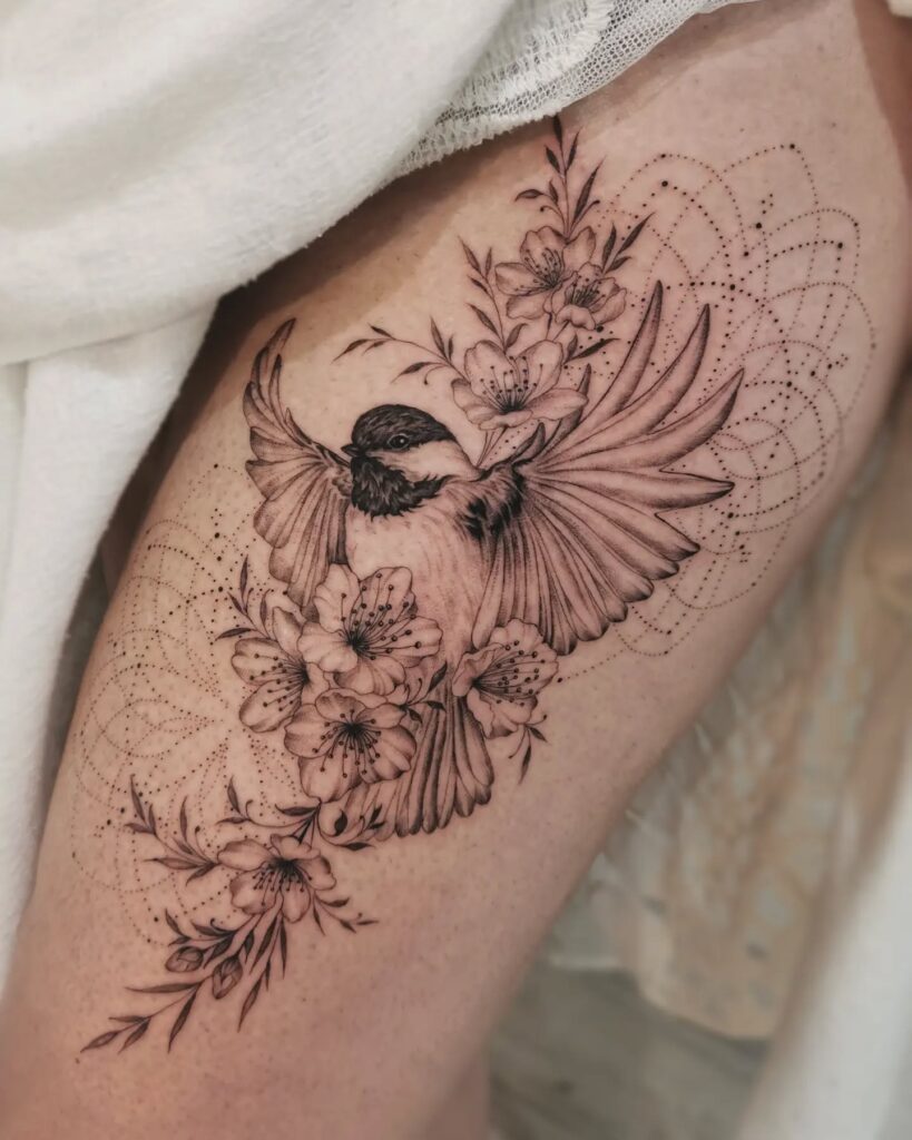 Chickadee in Bloom Thigh Tattoo bird tattoo ideas for women with meaning tattoo