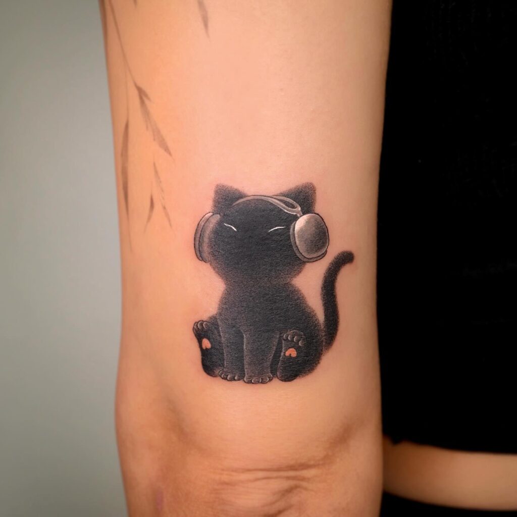 Chill Black Cat with Headphones Tattoo small cat tattoos tattoo