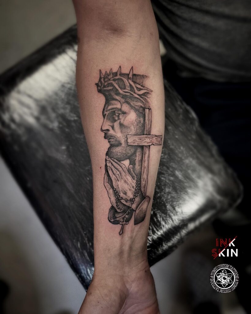 Cross with Blossoming Flowers Tattoo christian tattoos tattoo