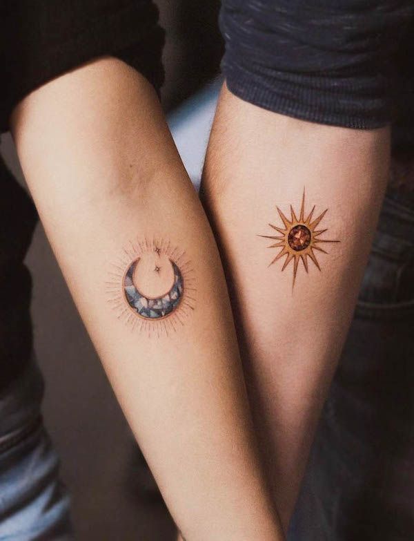 Colorful matching sun and moon tattoos with star accents