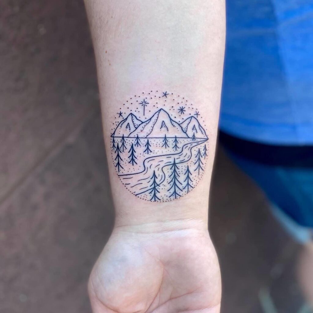 Circular River Valley Vignette nature scene tattoo