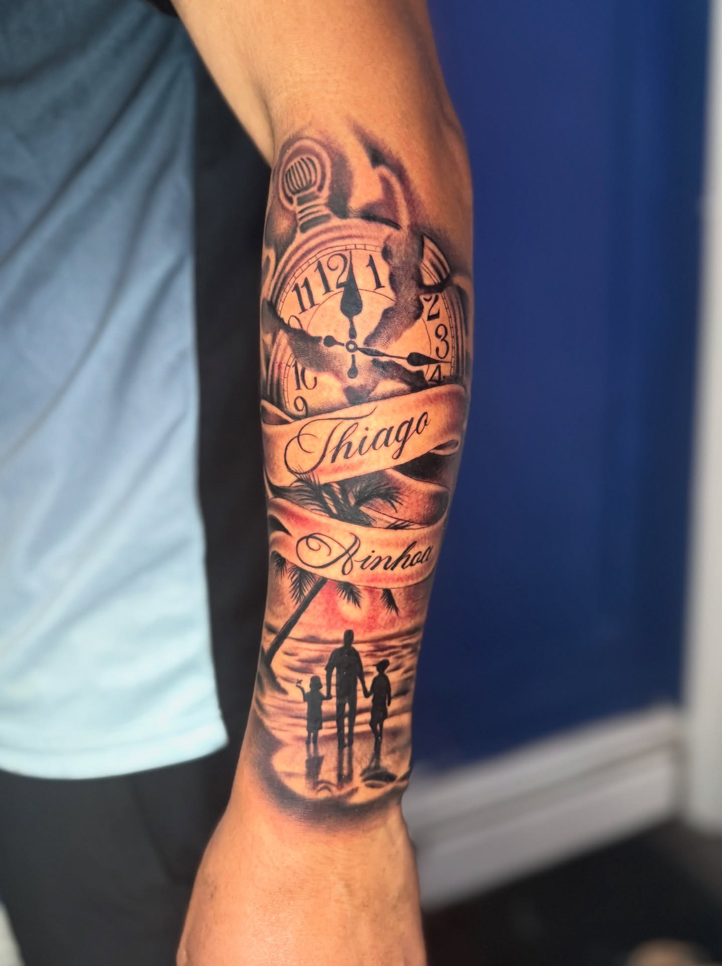 Clock and Family Beach Scene Tattoo family tattoos for men tattoo