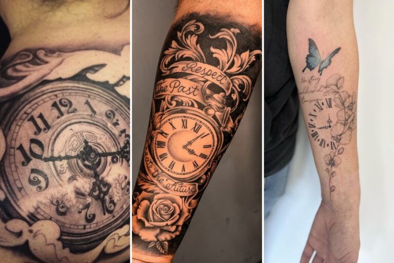Aesthetic clock tattoo ideas and delicate ink ideas collage