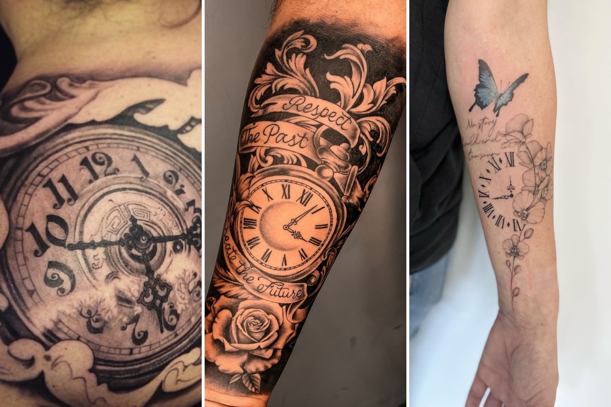 Aesthetic clock tattoo ideas and delicate ink ideas collage