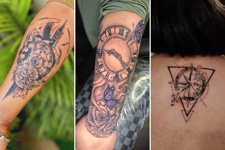 Aesthetic clock tattoo ideas and delicate ink ideas collage