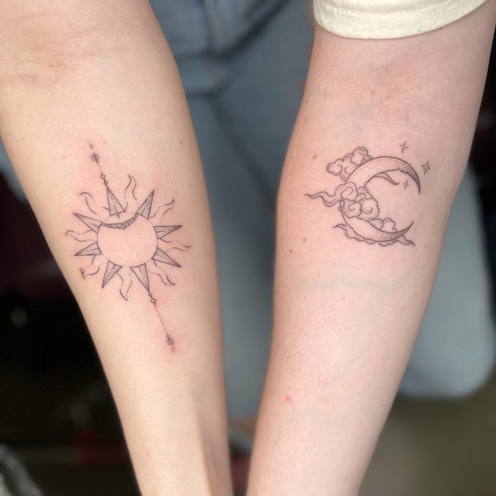 Sun and moon tattoos with cloud details