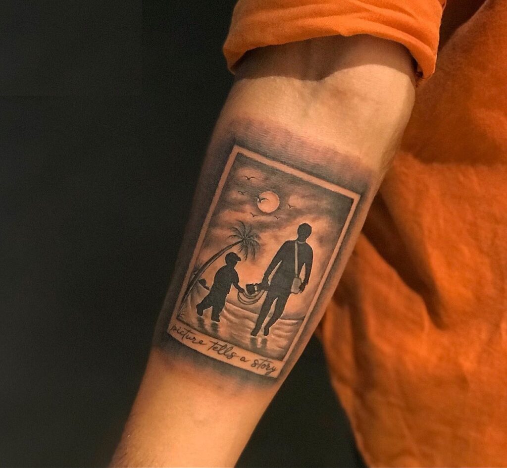 Coastal Sunset and Silhouetted Stroll nature scene tattoo