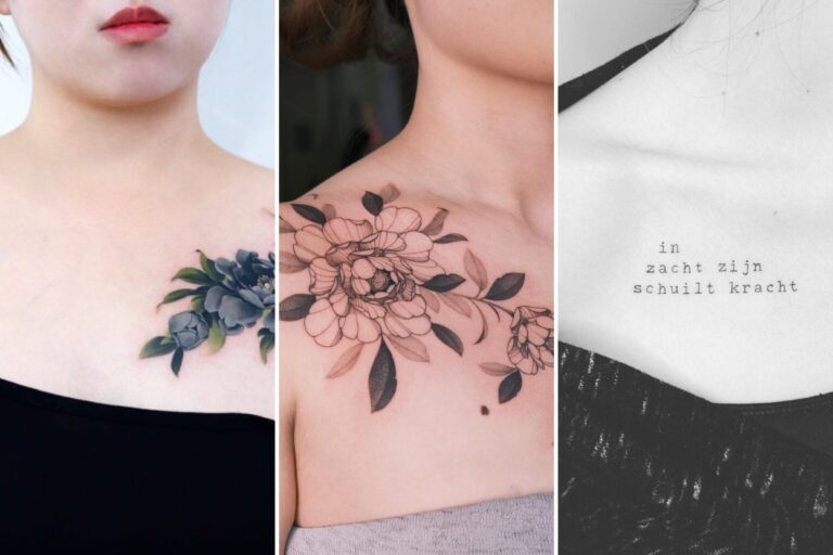 Aesthetic collarbone tattoos for women and delicate ink ideas collage