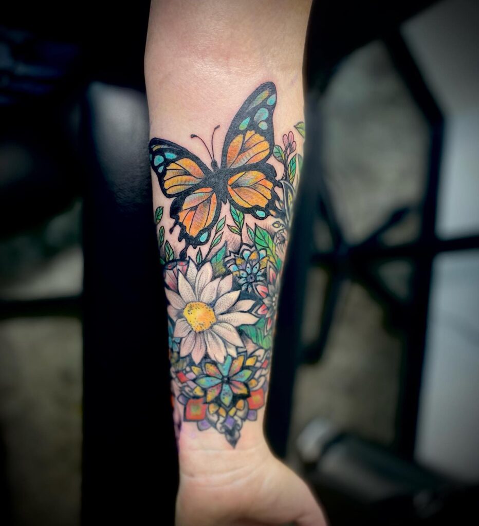 Floral Half Sleeve Tattoo With Geometric Accents