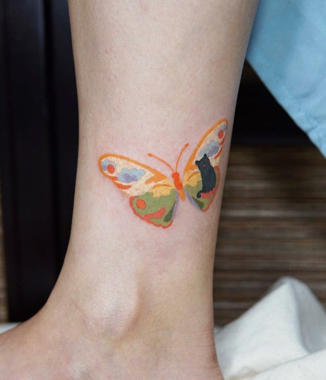 Colorful Cat Butterfly Ankle Tattoo butterfly tattoos designs tattoo
