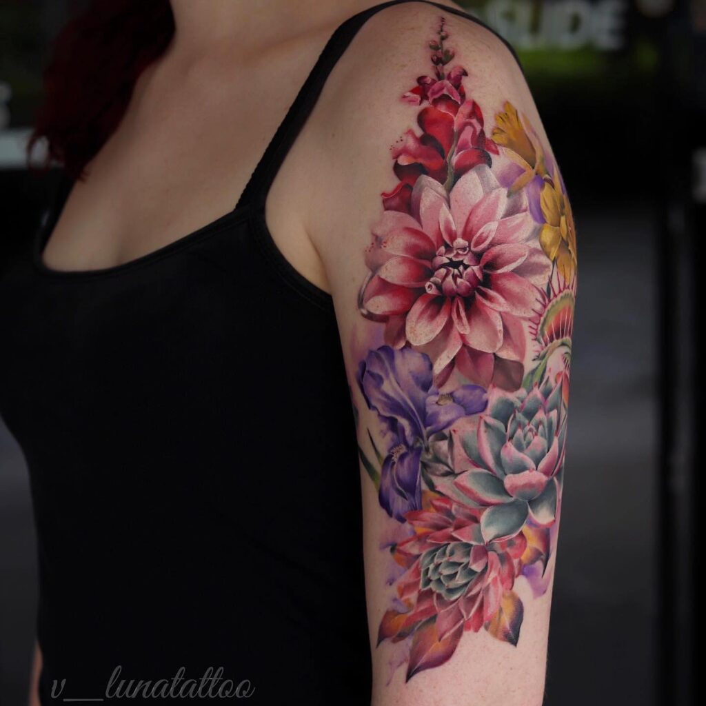 Sunflower And Rose Half Sleeve Tattoo