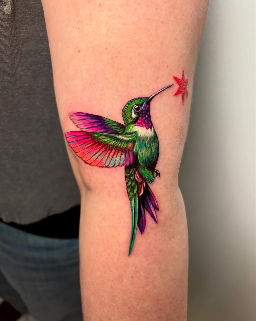 Colorful Hummingbird and Red Star Flower Tattoo hummingbird tattoos ideas tattoo