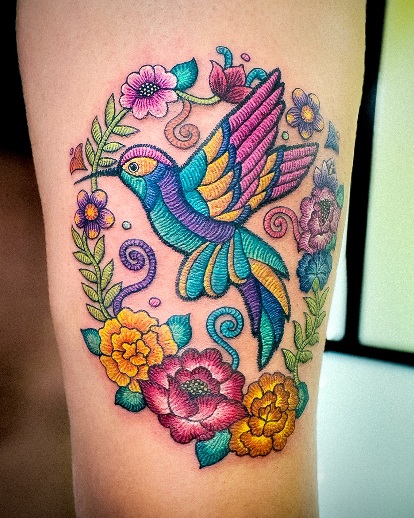 Colorful Hummingbird Floral Wreath Tattoo hummingbird tattoos ideas tattoo