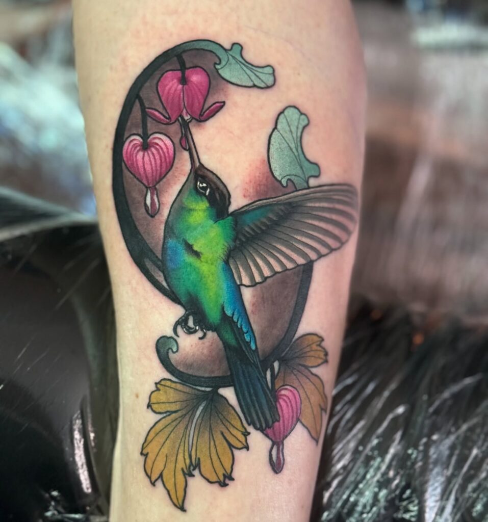 Colorful Hummingbird with Bleeding Heart Flowers hummingbird tattoos tattoo