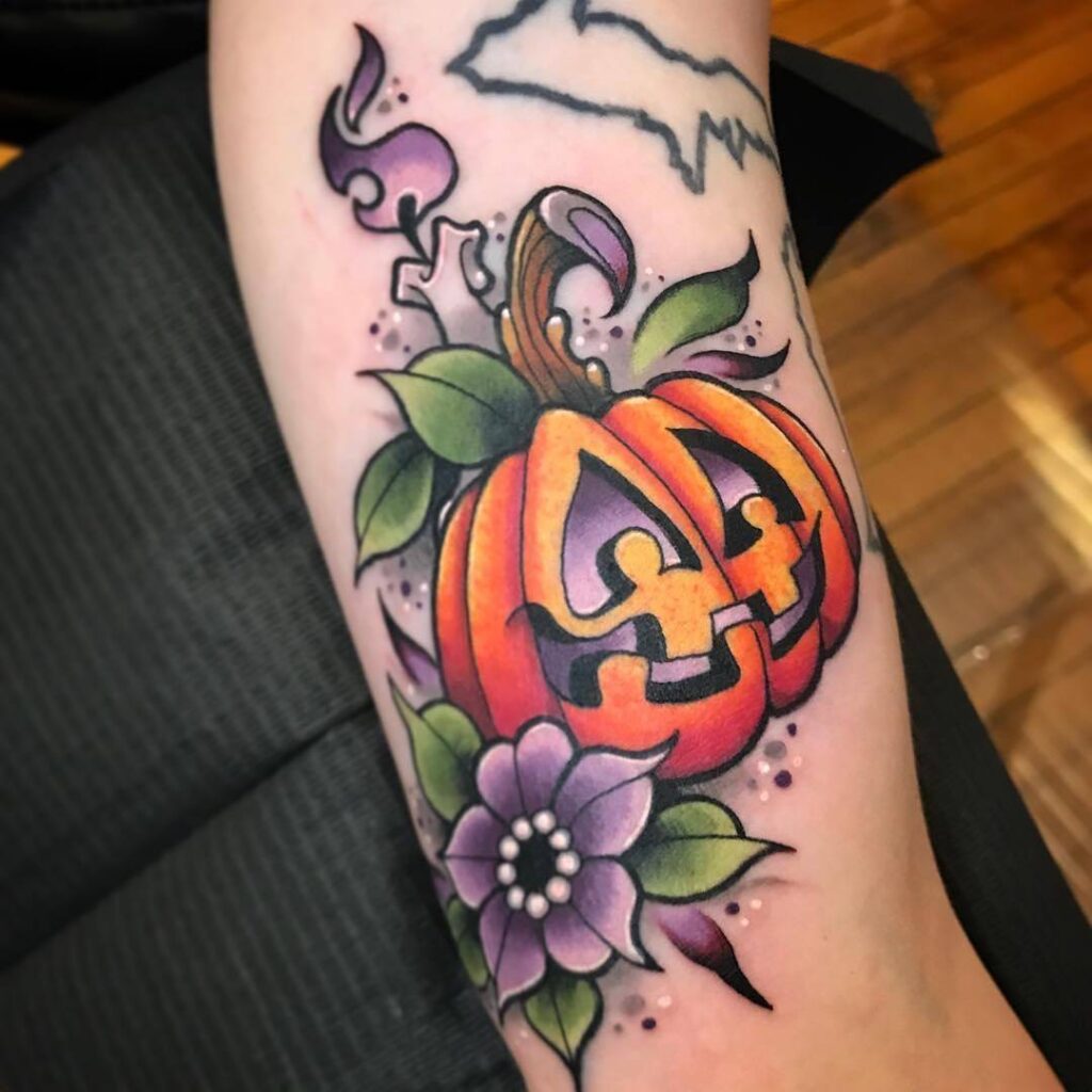 Black And Gray Pumpkin Floral Tattoo