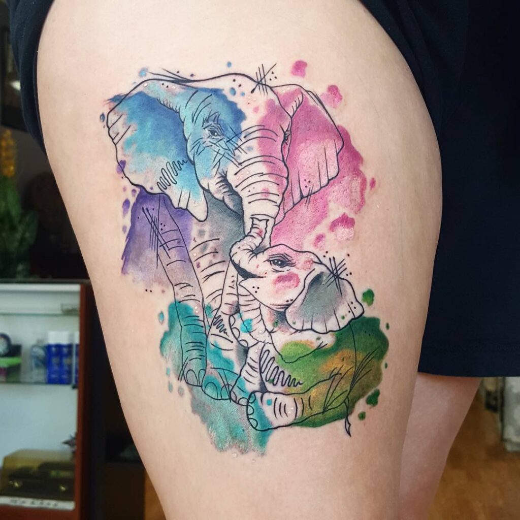 Colorful Mother and Baby Elephant Tattoo mommy tattoo ideas tattoo